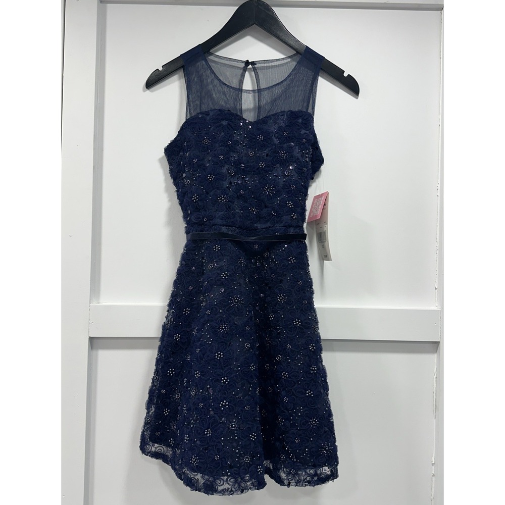Rare Editions Navy Fit & Flare Sleeveless Dress Big Girls Floral Beaded size 12